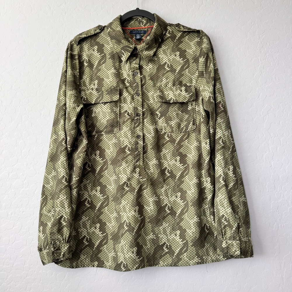 Tommy Hilfiger Womens XL Camouflage Long Sleeve Button Down‎ Shirt Olive Green